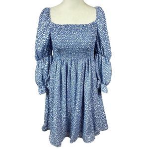 MELROSE & MARKET NWT Dusty Blue Abstract Polka Dot Smocked Mini Dress L